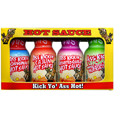 ASS KICKIN', 4 PACK ASS KICKIN' HOT SAUCE MINI , Original - Cajun - Roasted Garlic - Wasabi